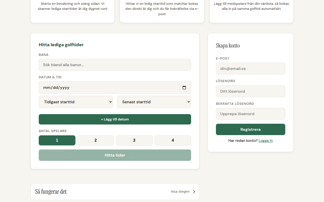 Golfbokarens s&ouml;kformul&auml;r f&ouml;r Sweetspot-bokning