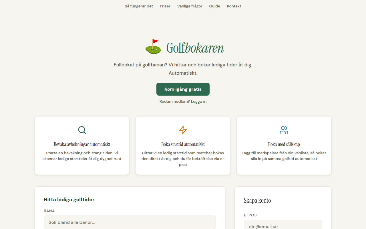 Golfbokarens startsida med s&ouml;kfunktion f&ouml;r golftider